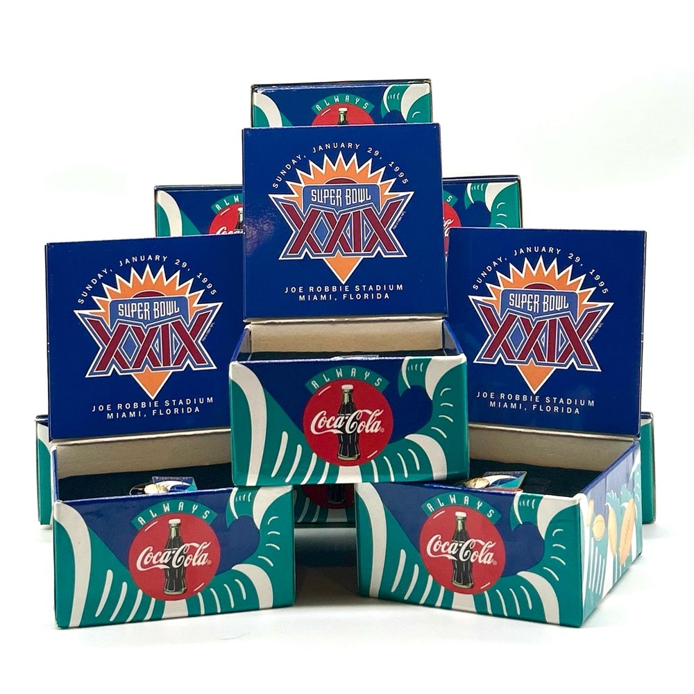Super Bowl XXIX Coca Cola Lapel Pins w Original Box1995 Miami Joe Robbie Lot 16